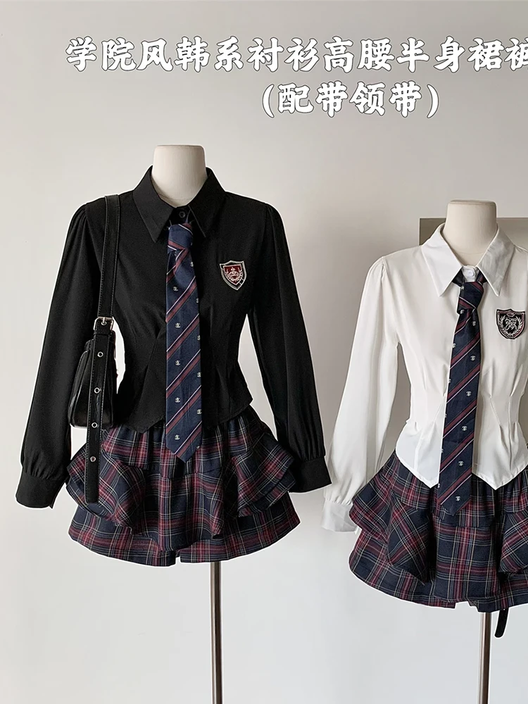 Women Japanese Y2k Preppy JK Coquette Gyaru 2000S Coquette Outfits 2 Piece Set Long Sleeve Skirts With Tie + Mini Plaid Skirts