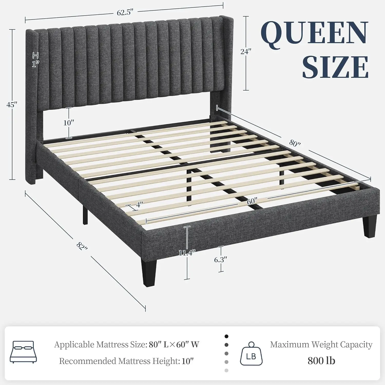 Queen Bed Frame Upholstered Platform Bed with Fabric Headboard, Wing Edge Design/Non-Slip and Noise-Free/Wooden Slats