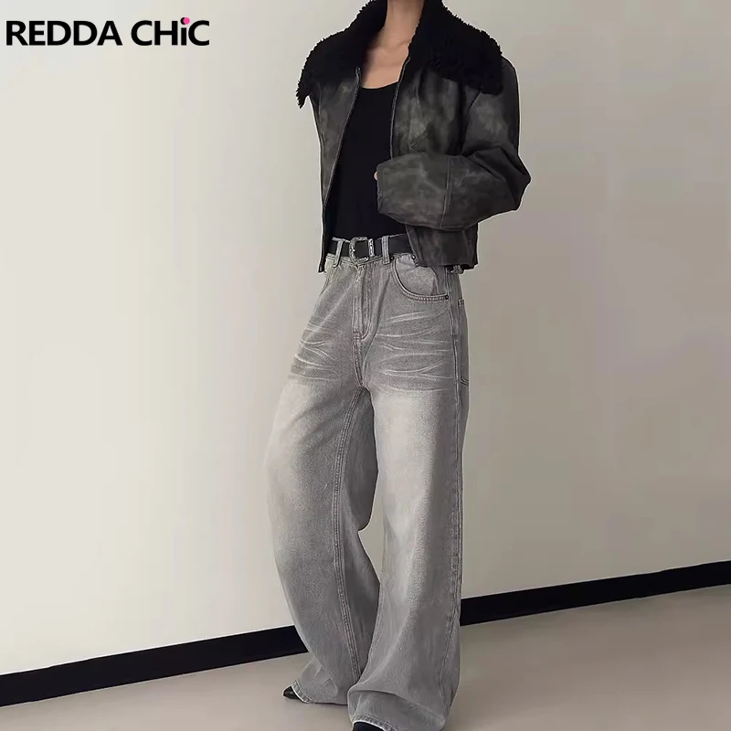 REDDACHIC Skater Men Oversized Denim Pants Korean Hiphop Whiskers Gray Distressed Baggy Jeans Wide Leg Casual Retro Y2k Trousers