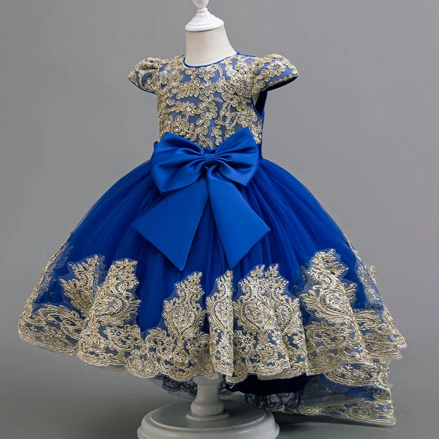 Girls Big Bow Tail Princess  Fashion Embroidery Baby Birthday  Wedding Flower Girl  Elegant stage show host dress