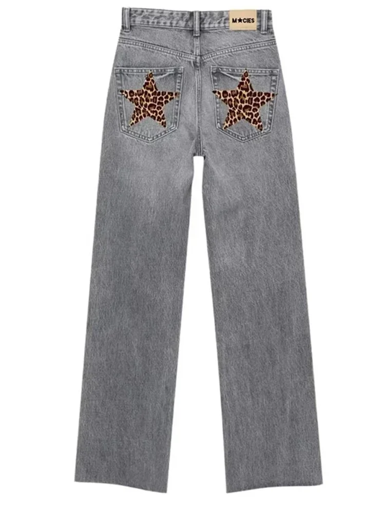 Women's High Waist Leopard Star Patch Jeans High Waist Straight Jeans Fashion Clothing Clean Blue Pants Retro Trousers Denim