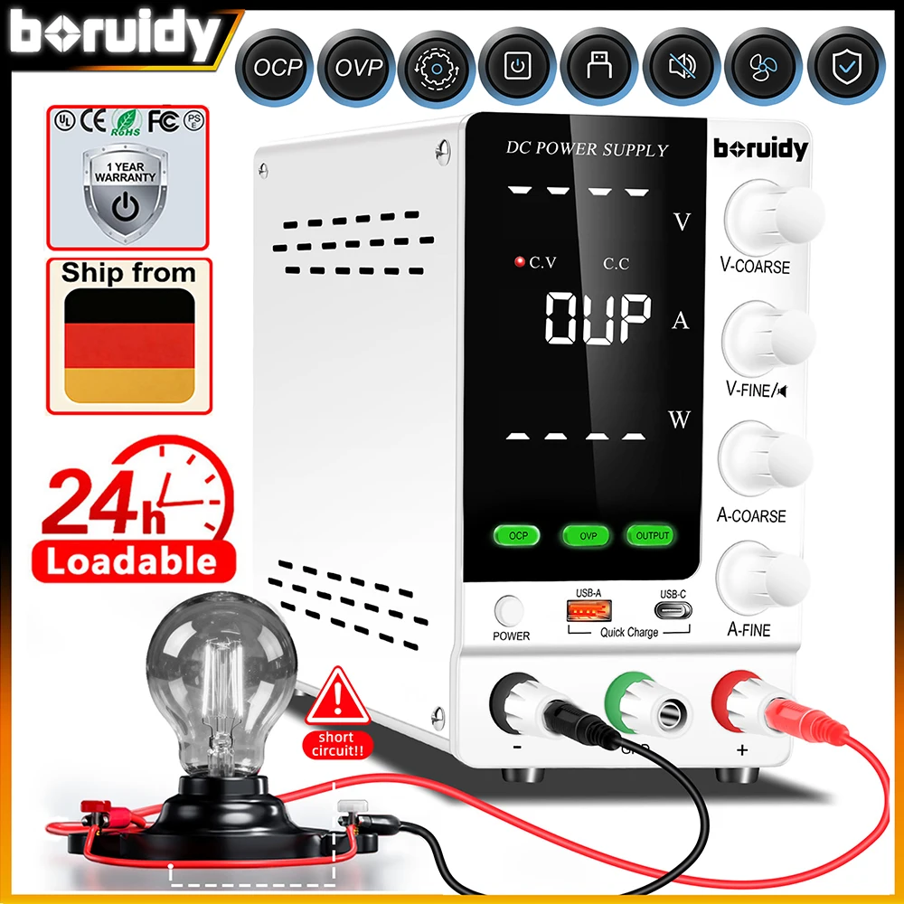 Boruidy Einstellbares Labornetzteil 30 V 10 A, 30V 5A DC-Netzteil mit OCP/OVP, Ausgangsschalter und Encoder-Steuerung, DC-Schaltnetzteil 18 W USB-A/Typ-C