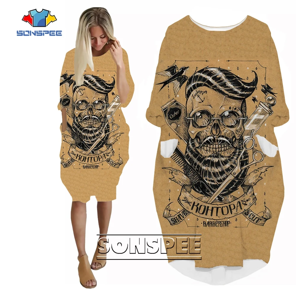 

SONSPEE Novelty Barber Shop Skull Graphic 3D Print Women's Dress Lady Fashion Cosplay Cut And Shave Harajuku Manga Pocket Skirt