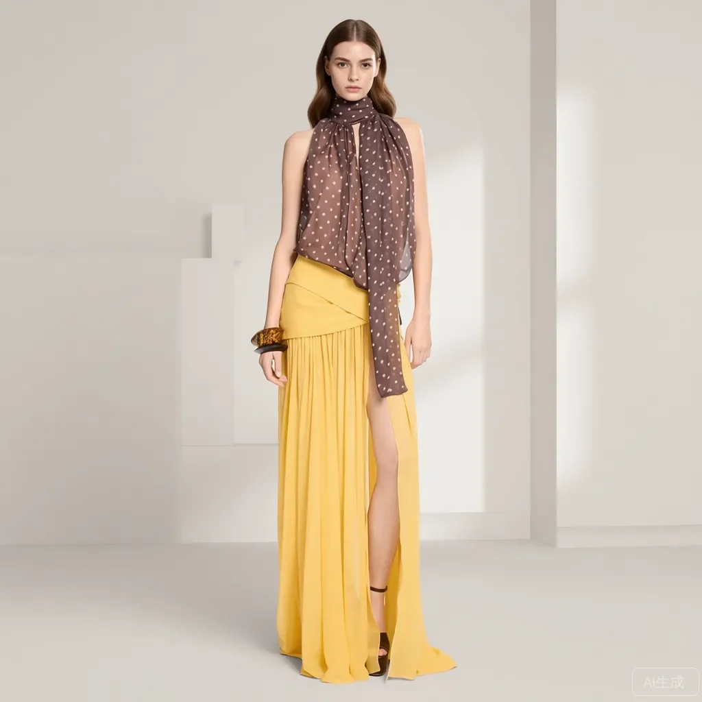 

Elegant Yellow High‑Waist Pleated Maxi Skirt – Lightweight Chiffon, Flowing Tiered Design, Side Slit Ideal for Summer Parties