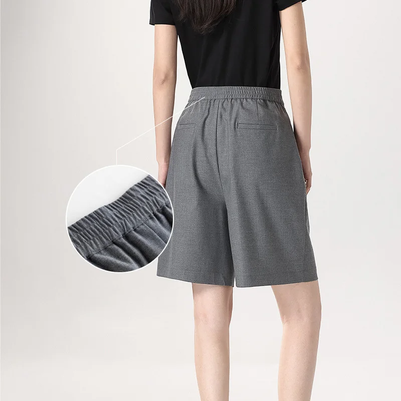 Pantalones cortos de traje de cinco puntos para mujer, pantalones cortos informales rectos sueltos de cintura alta elásticos de verano