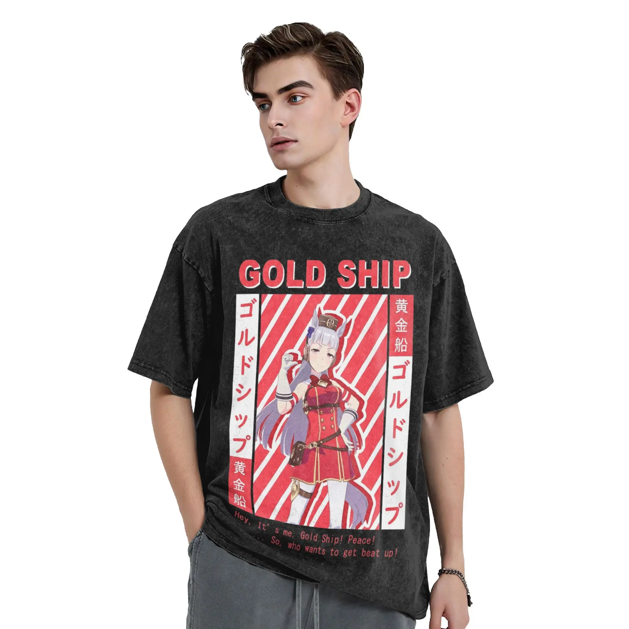 Uma Musume الذهب السفينة تي شيرت الهيب هوب تي شيرت قصيرة الأكمام الجمالية بلايز الصيف عادية س الرقبة المتضخم تيز