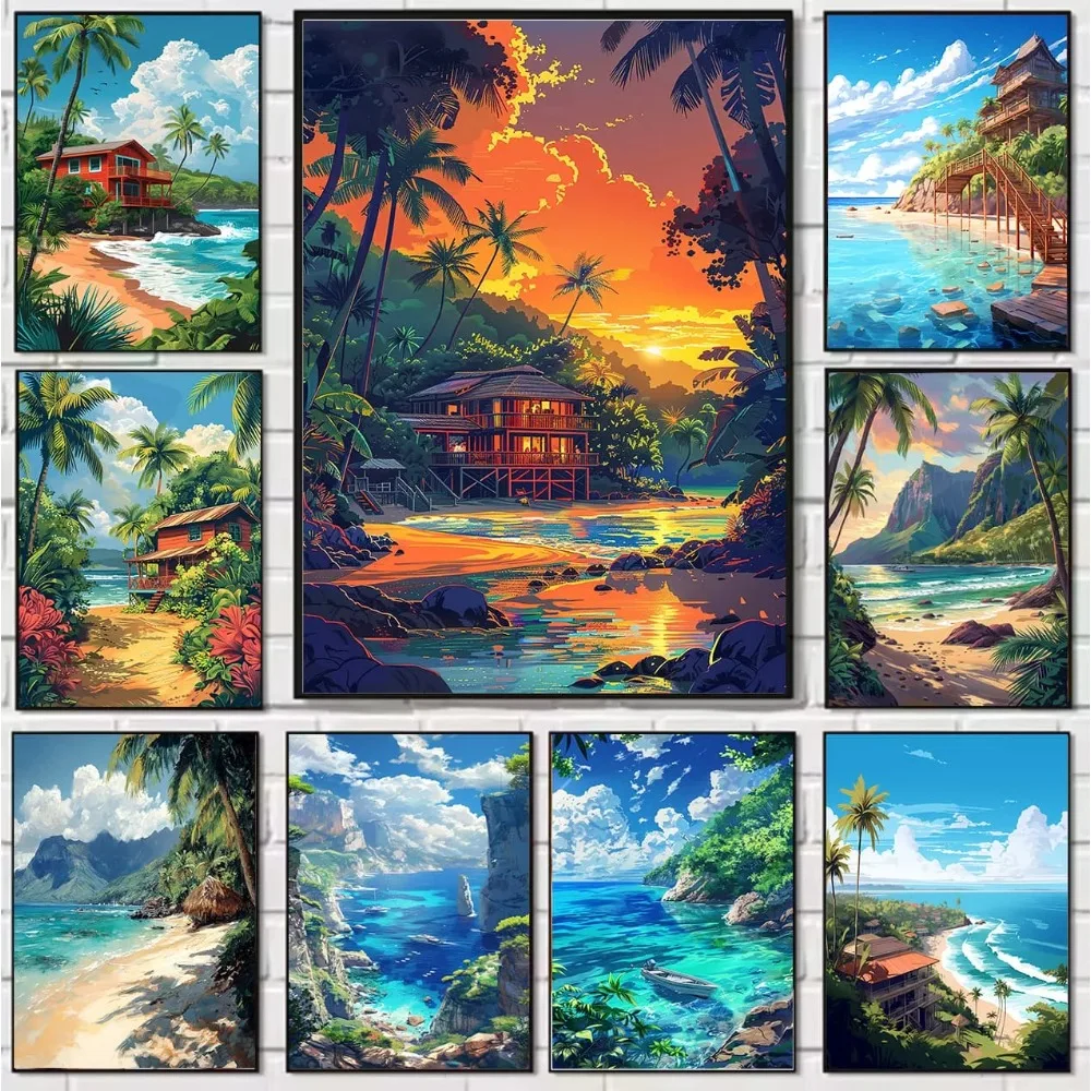 Valley Bay Village Sunset Tropical Coast Canvas Painting Unframed Home Living Room Bedroom Wall Mural for Ornamental Decor