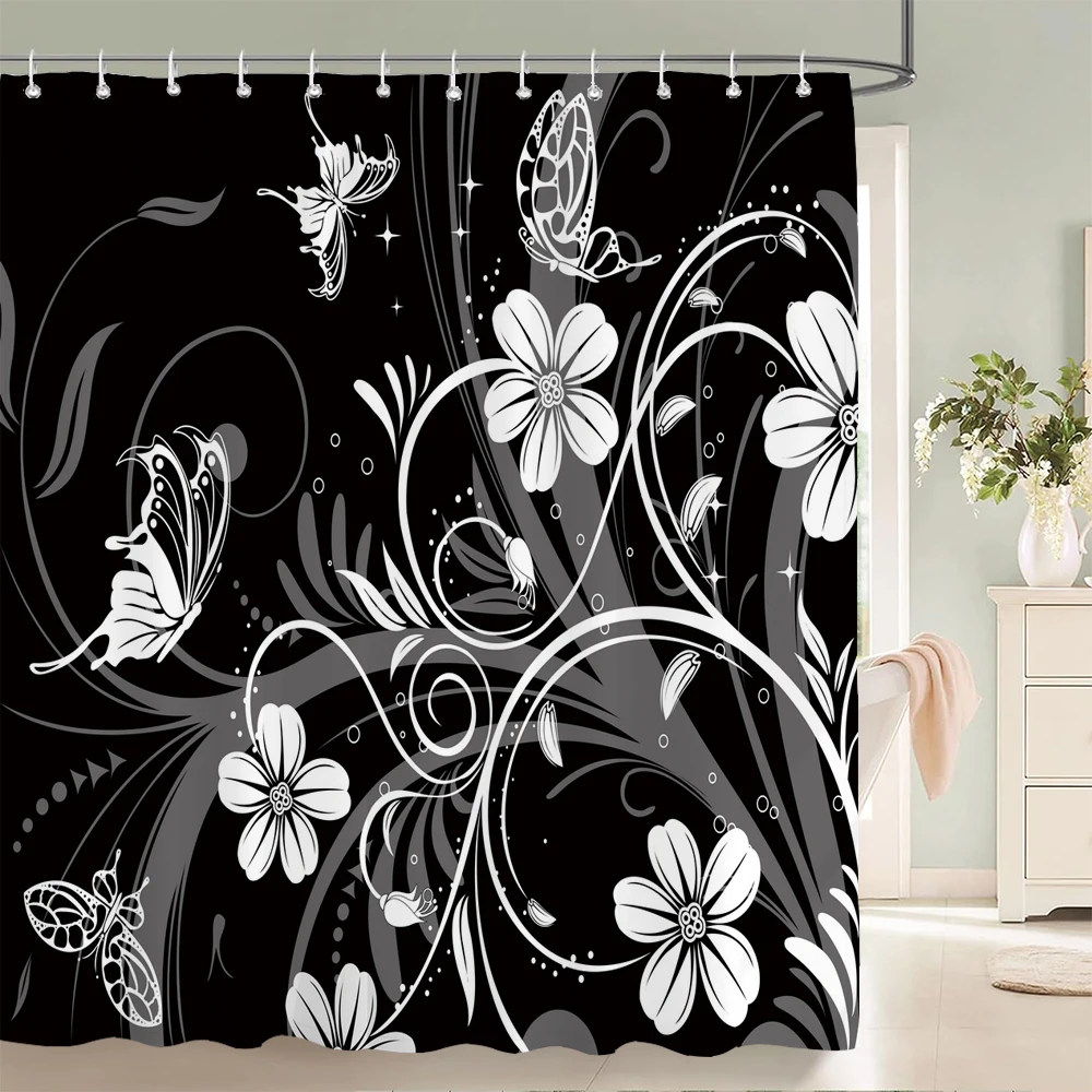 

Shower Curtain Black and White Floral Pattern 3D Printing Shower Curtain Polyester Waterproof Home Decor Curtain 180x180CM