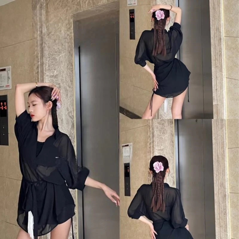 

Женская сетчатая майка для латинских танцев, женский костюм с короткими рукавами, черный кардиган для взрослых, летняя тренировочная одежда, верхняя одежда DQL11414