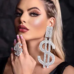 Fashionable Women's Sparkling Crystal Dollar Pendant Earrings Luxury Rhinestone Bridal Wedding Jewelry Earrings Gift