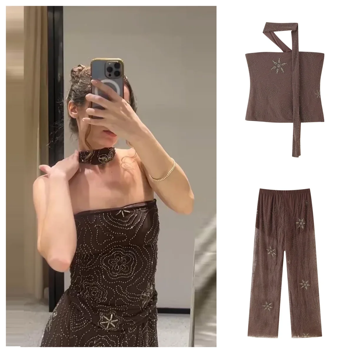 

2025 женский сексуальный комплект из 2 предметов с вышивкой бисером, укороченный топ с лямкой на шее и высокой талией, прозрачные брюки без бретелек, без рукавов, новый шикарный выход