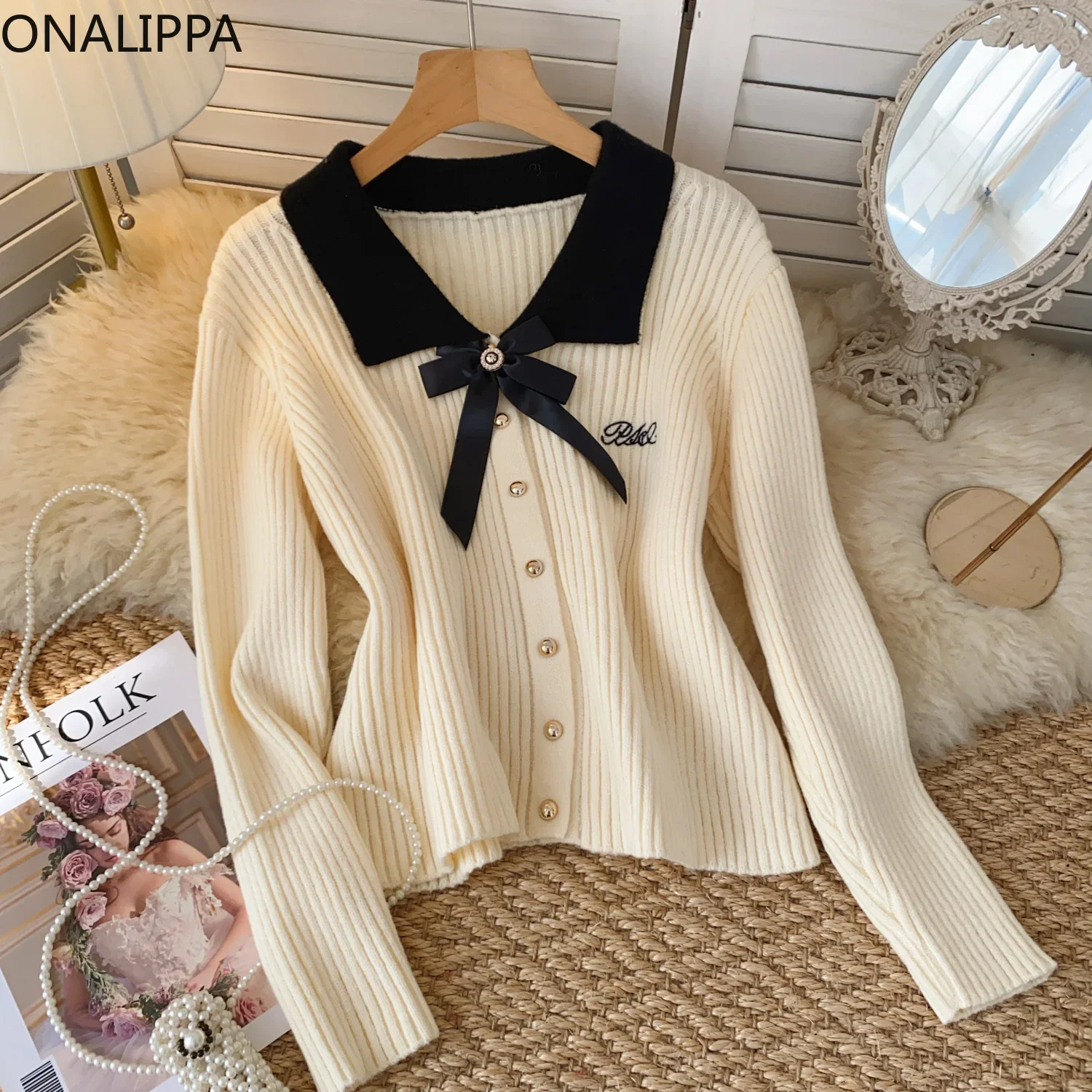 

Onalippa Vintage Contrast Knitted Cardigan Women Turn Down Collar Bow Sweet Cardigans Korean Preppy Style Bottoming Sweater