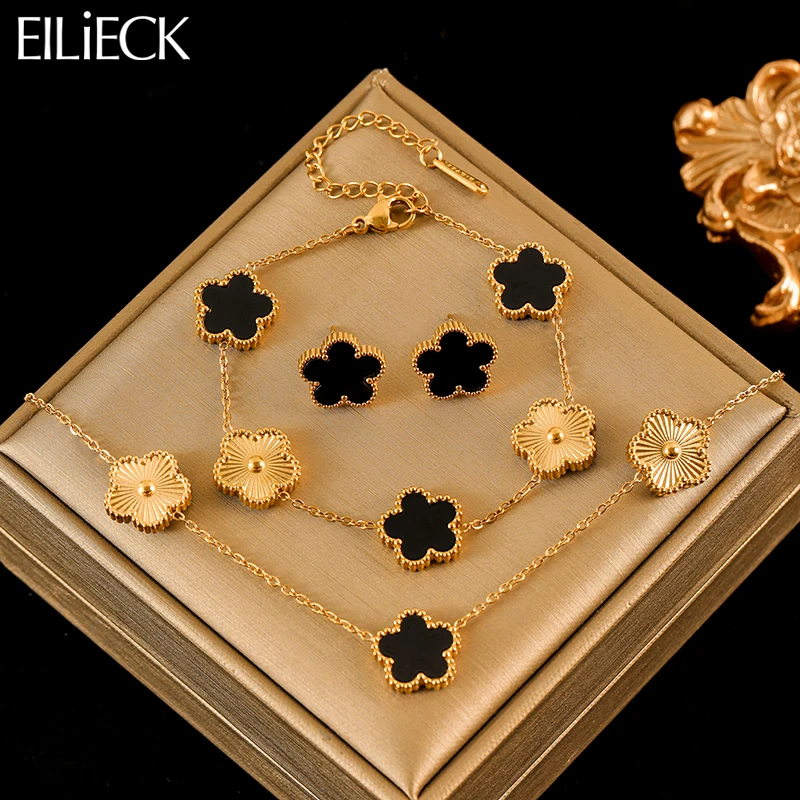 EILIECK 316L Stainless Steel Black Reversible Leaf Clover Necklace Bracelets Earrings Set For Women Fashion Waterproof Jewelry