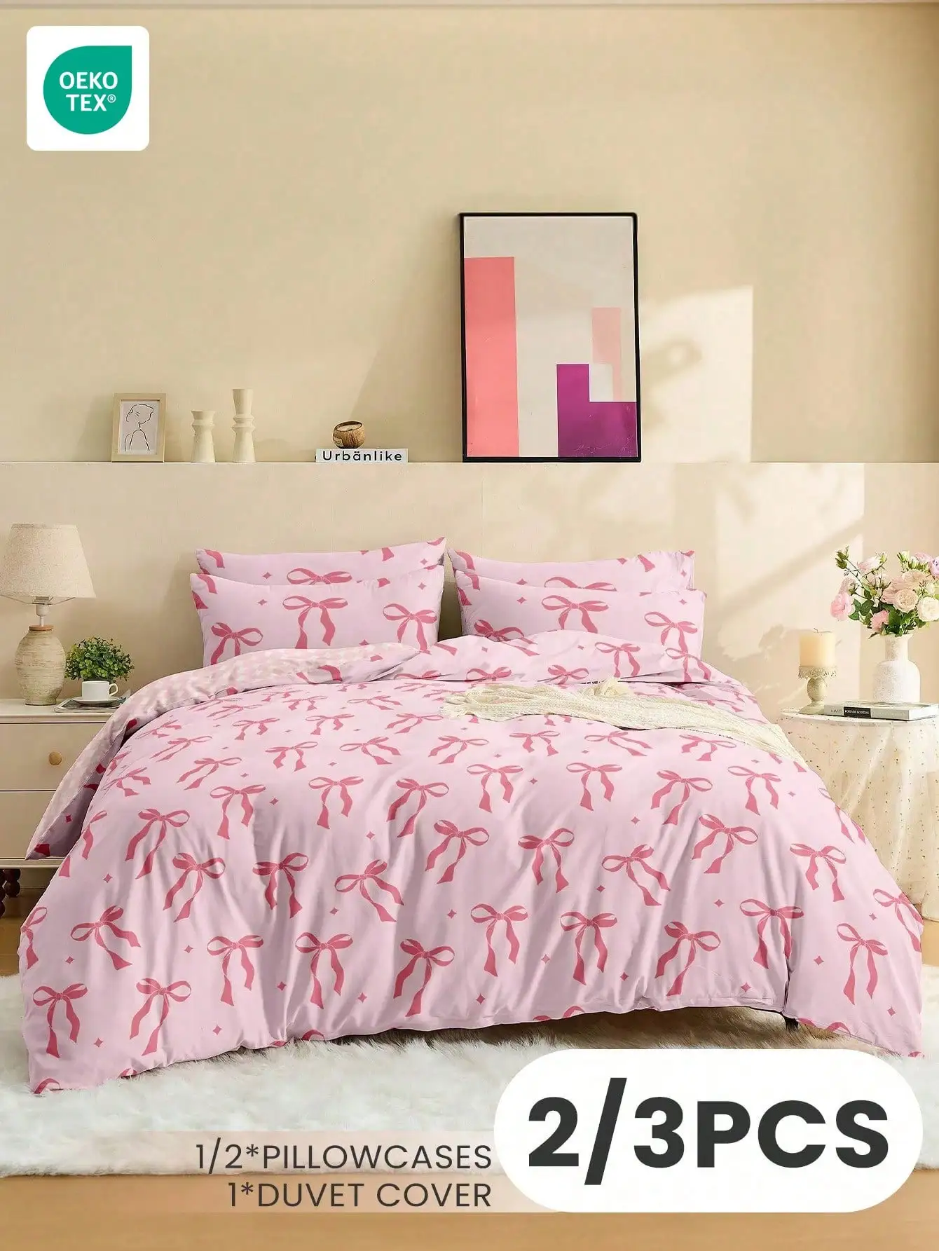 

Комплект постельного белья с розовым принтом в виде бантиков, 2/3 предмета, из мягкого дышащего хлопка, сертифицированный Oeko-Tex, для кроватей от Twin до King