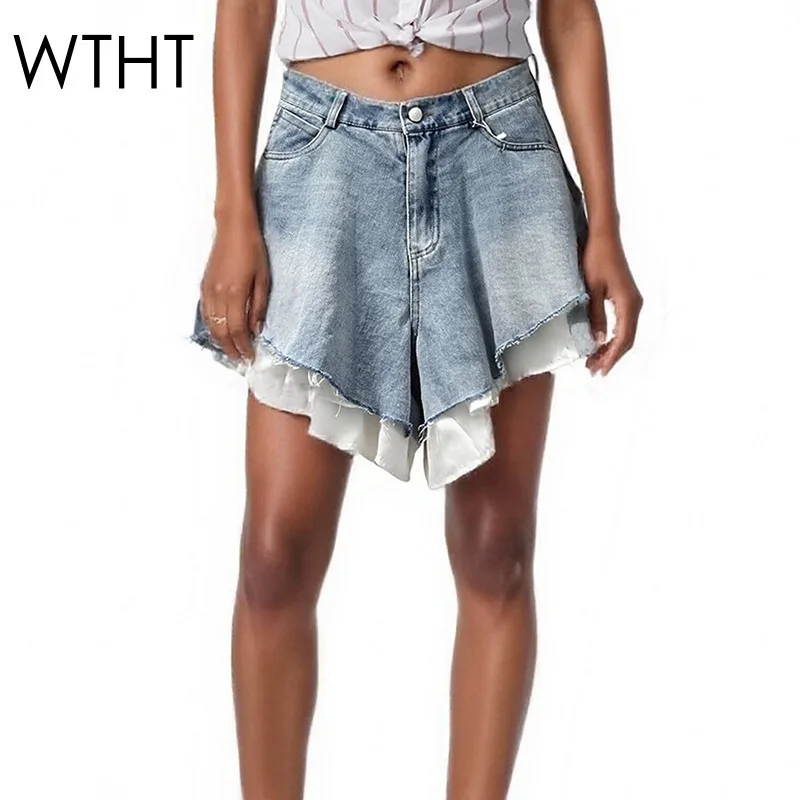 

WTHT новые модные женские джинсовые шорты в стиле пэчворк с подолом, лето 2021, модные короткие брюки трапециевидной формы с высокой талией, женские 1LS1393