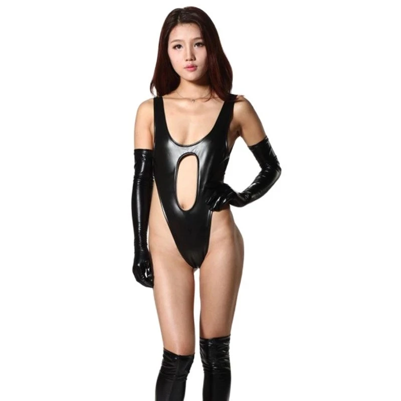 

PU Faux Leather Hollow Out Catsuit High Cut Thong Bikini Swimwear Body Shaping Bodysuit Slinky Sukumizu One-Piece Sexy Underwear