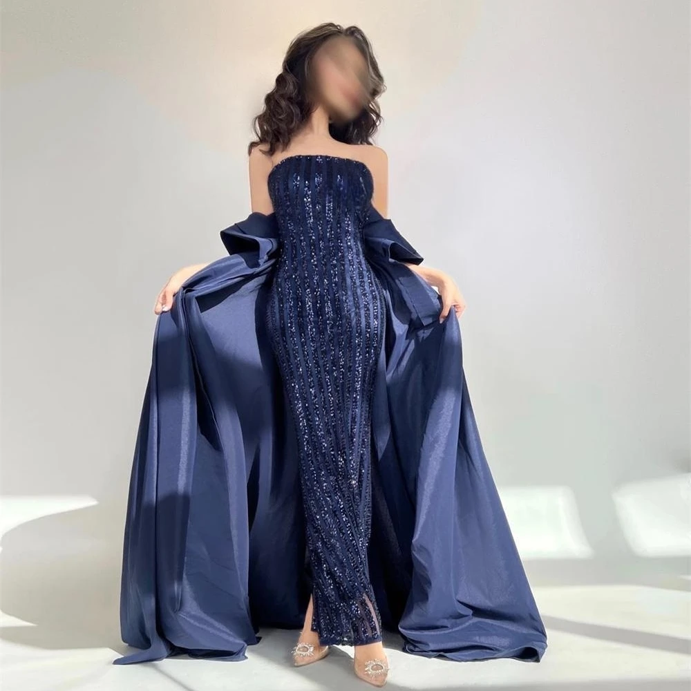 Navy Blue Sequins Satin Trumpet Evening Dresses with Train Off Shoulder Ankle-Length Formal Dress for Juniors A-Line vestidos