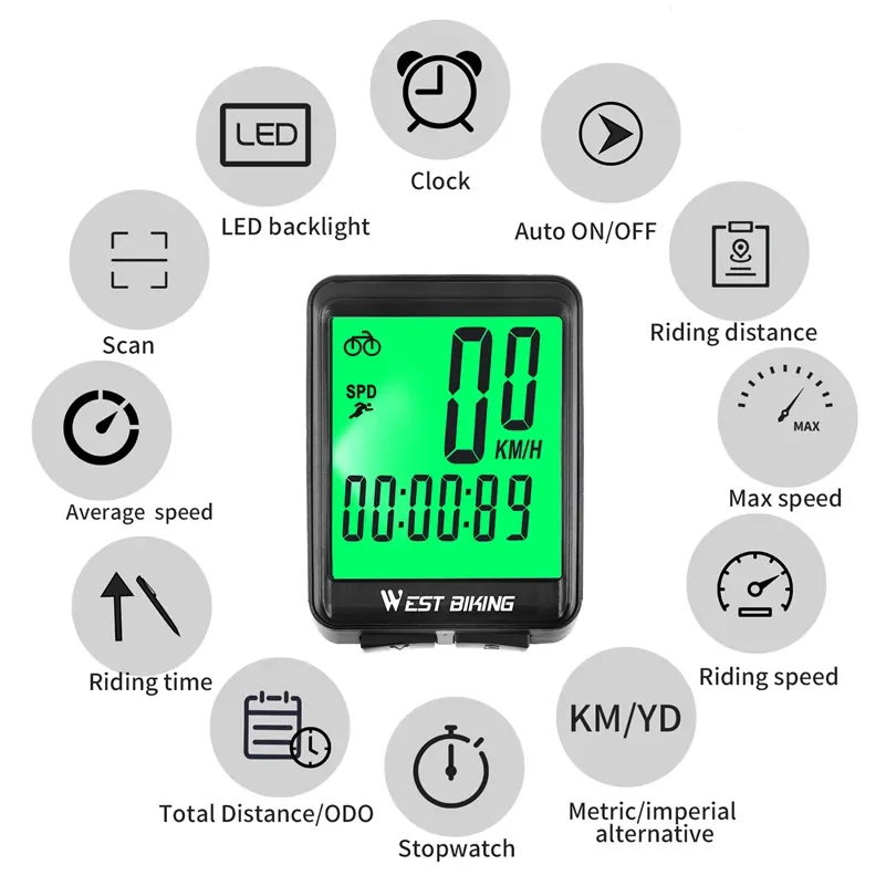 WEST BIKING Bicycle Wireless Computer MTB Road Bike Odometer Waterproof With Backlight Cycling Speedometer LED Rate Stopwatch