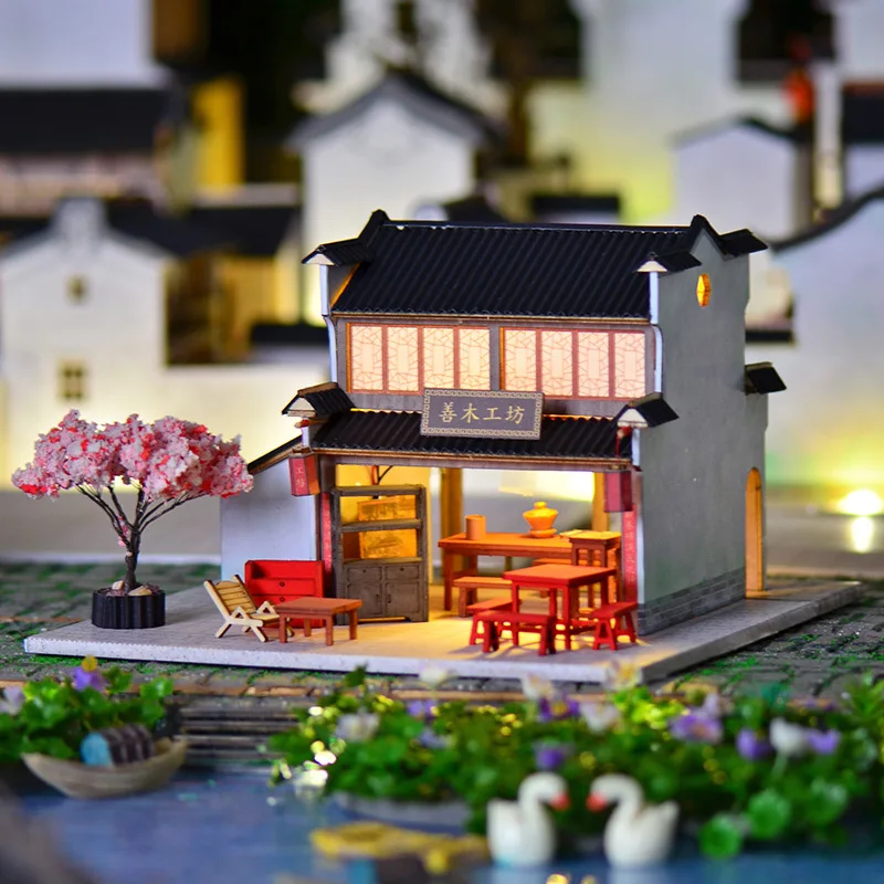 نموذج بلاط حائط رمادي أبيض من OUZEY، مجموعة بناء الفناء الخشبي، على الطراز الصيني DIY للمراهقين