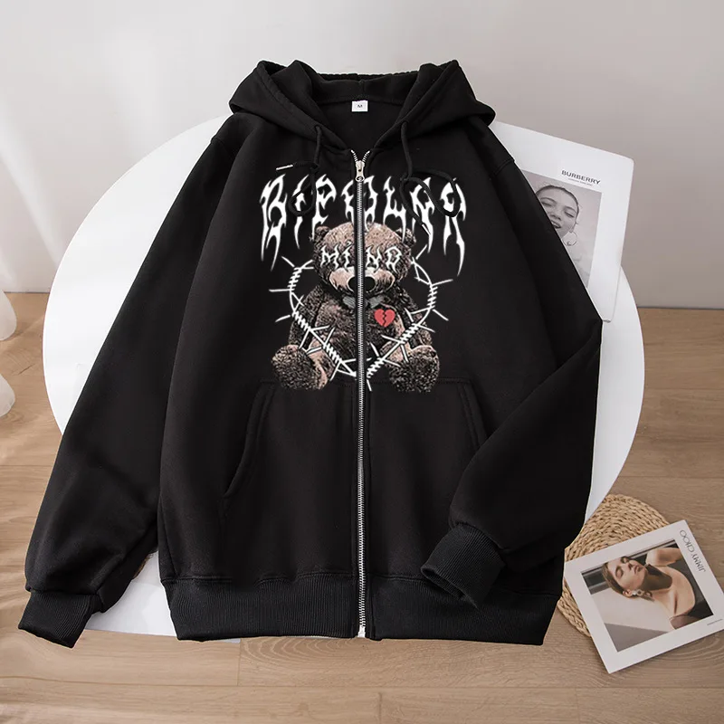 

New Y2K Bear Doll Printed Zipper Hoodie Street Men and Women Fashion Casual Loose Zip up Hoodie Trendy hip-hop streetwear