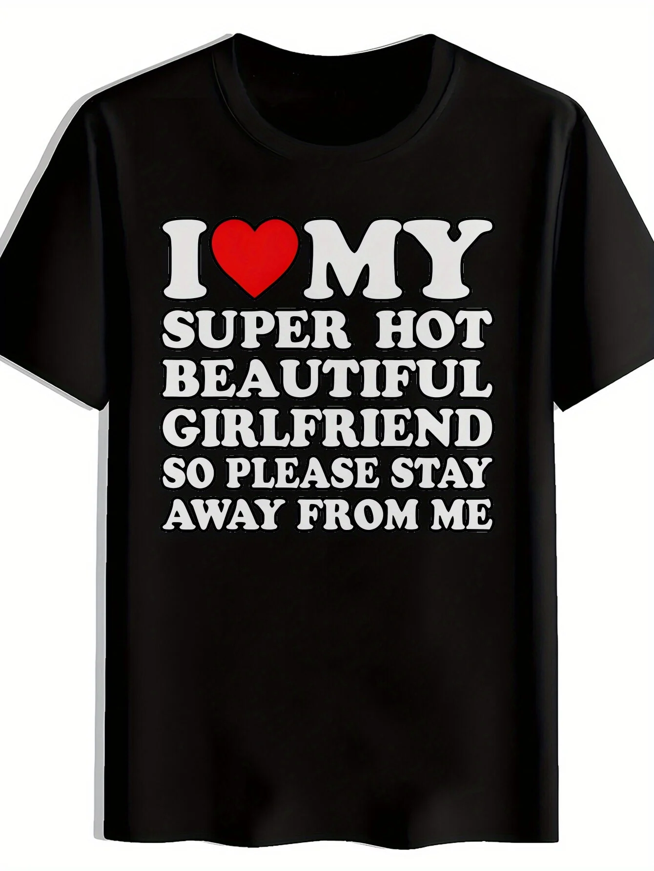 Red heart-shaped I heat transfer printed men's casual round-neck T-shirt, black versatile printed pattern men's top