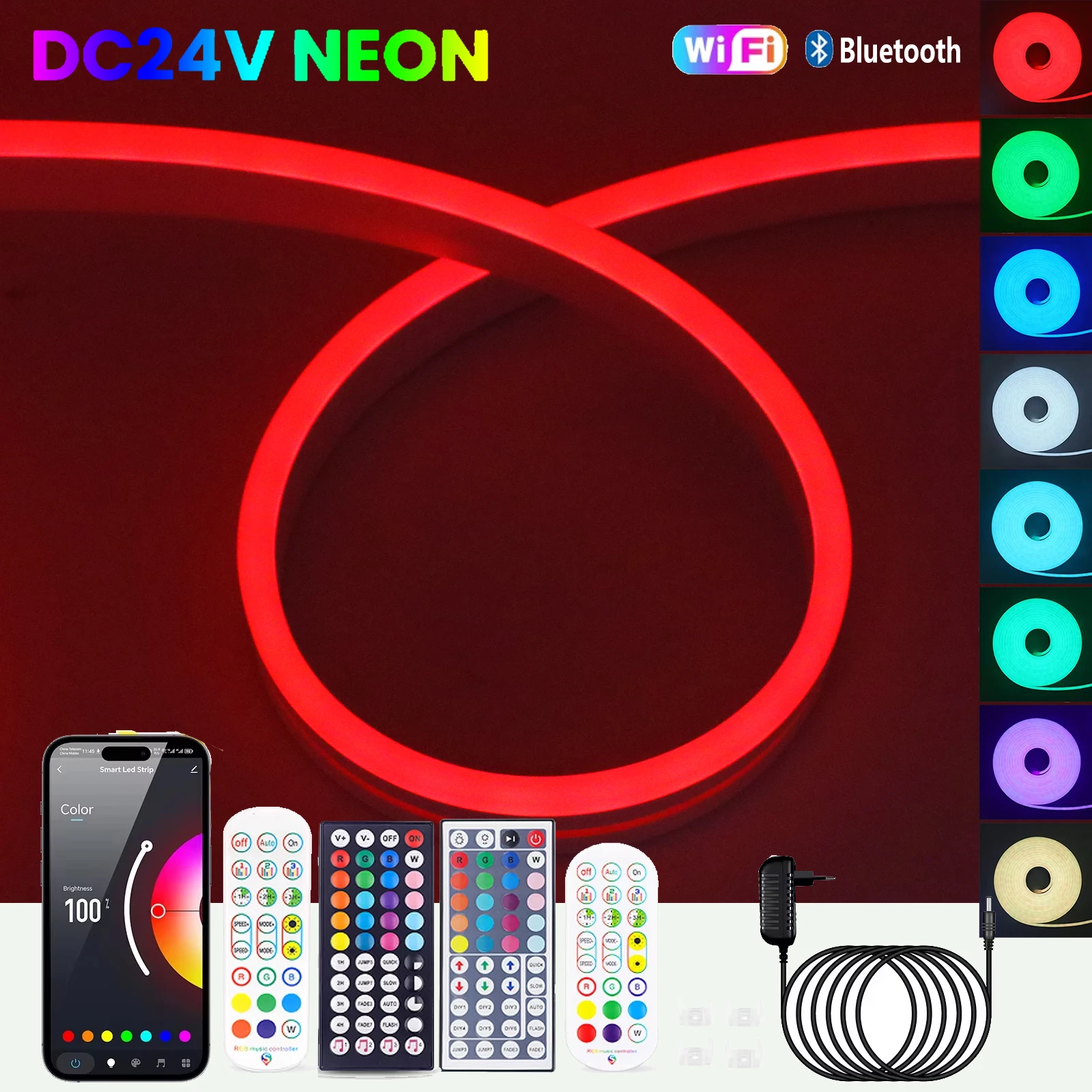 24V RGB Neon LED Strip Tuya Wifi Bluetooth APP Remote Control Waterproof RGB Neon Light for Bedroom Gaming Room  5M 10M 15M 20M