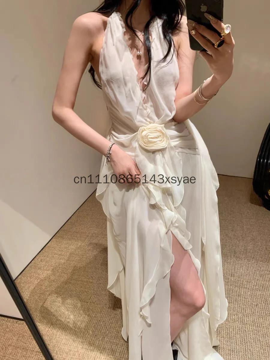 Seductive Halter Deep V Floral Frill Long Gown Womens Sleeveless Cutout Back Blossom Ruched Tie-up Outfits Night Cocktail Party