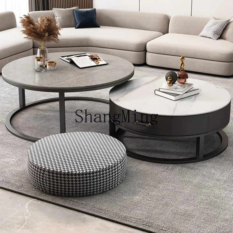 

FG light luxury rock slab round coffee table living room home TV cabinet combination small apartment high-end marble
