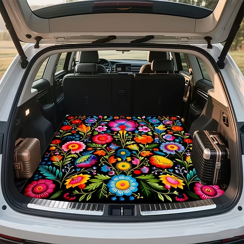 VIKAMA Mexican Floral Car Trunk Mat Non Slip Dirt Trapping Cargo Liner Mat for SUV Truck Van Automotive Decor Rug