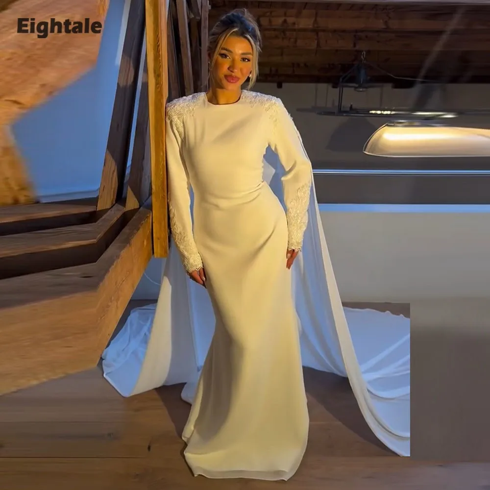 

Eightale Arabic Wedding Dress O-Neck Customized Ivory Bridal Gown Long Sleeves Appliques Bride Party Dress Vestidos De Novia