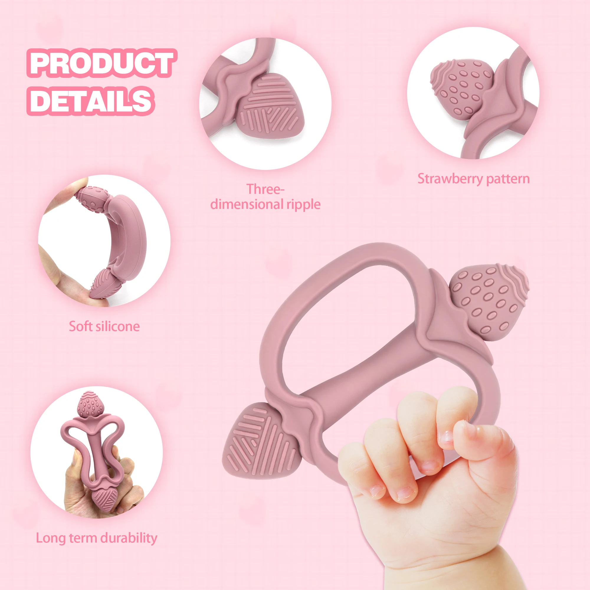 Easy-grip baby teether, strawberry-shaped teether, multi-textured design, food-grade silicone, BPA-free, a great newborn gift.