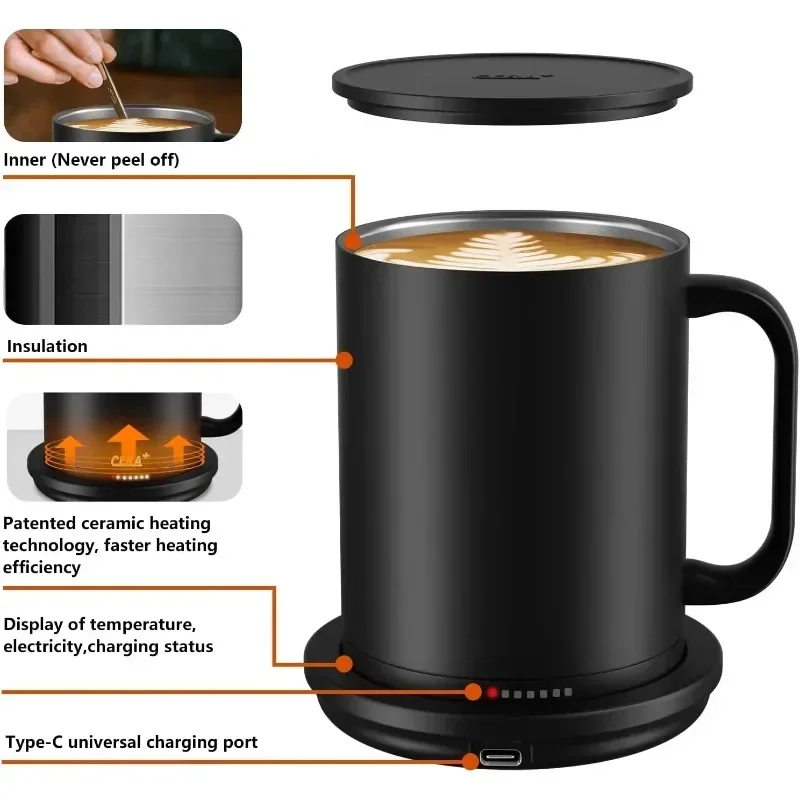 Customized temperature control smart mug Self-heating coffee mug with lid can connect to mobile app via Bluetooth