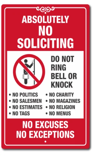 No Soliciting Sign No Exceptions Don't Knock Front Door Home Business Security tin sign