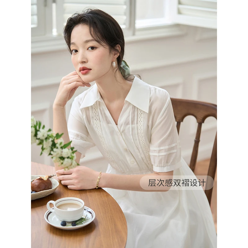 INMAN Women Two Piece Set Dress 2023 Summer Short Sleeve Polo Neck A-shaped Loose Hollow Lace Casual Official White Green Skirt