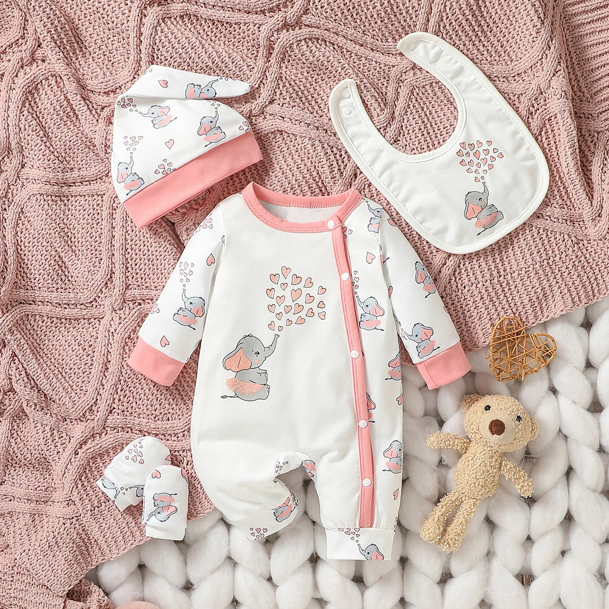 4 STKS Baby unisex Lange Mouw Ronde Hals Dierenprint Met Knoop Casual Jumpsuit + Bib + Hoed + Handschoenen