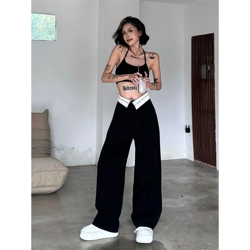 American Style Retro Black Flanging Suit Pants for Women Fashion Trend Streetwear Loose Straight Leg Pants for Spring and Summer