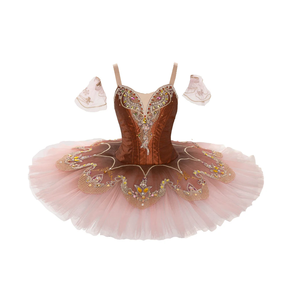 Fltoture adulto clássico marrom panqueca prato saia bailarina trajes de balé feitos sob encomenda para a variação de esmeralda de balé