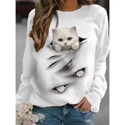 Spring and Autumn Round Neck Casual 3D Cat Print Cute Little Fresh Sweatshirt Women's Casual Home Wear Versatile Women's Hoodie