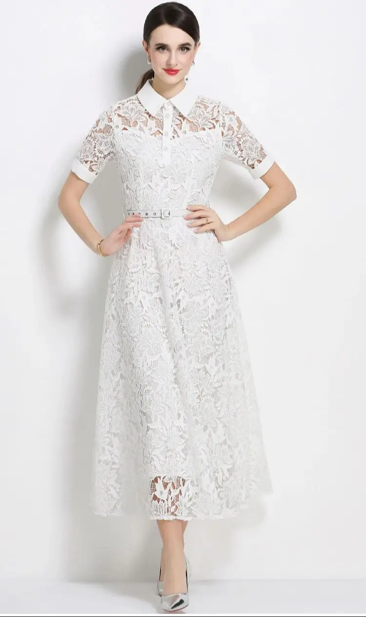 

Luxury Embroidery Evening Dress for Women Summer Crochet Lace Hollow out Short Sleeve Long Party Vestidos