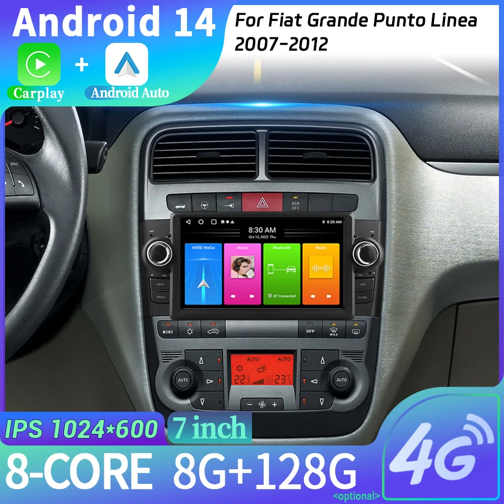 Android 13 Carplay 4G Multimedia Car Radio 2 Din Screen GPS For Fiat Grande Punto Linea 2007-2012 Wireless