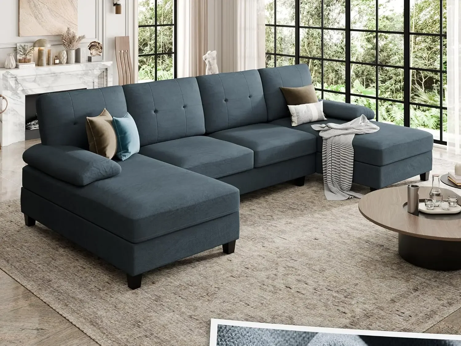 

110" Sectional Sofa Couches for Living Room, 4 Seat U-Shaped Sofa Couch with Linen Fabric and Double Chaises for Apartment