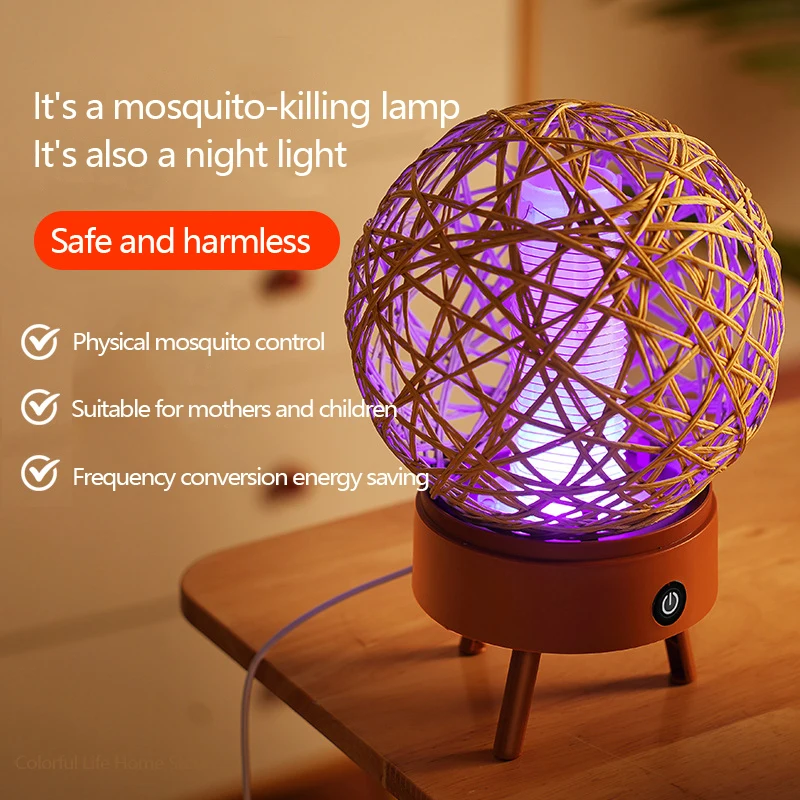 Killler de Mosquitos de descarga eléctrica, Bola de ratán LED, luz nocturna, USB, fotocatalítico, trampa para mosquitos para el hogar, lámpara para