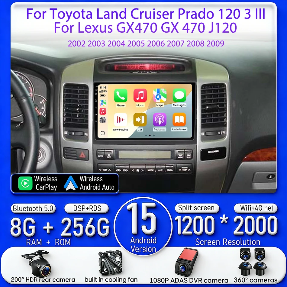 

For Toyota Land Cruiser Prado 120 2002 - 2009 Car Radio Multimedia CarPlay Video Player Android Auto GPS Navigation 2din DVD