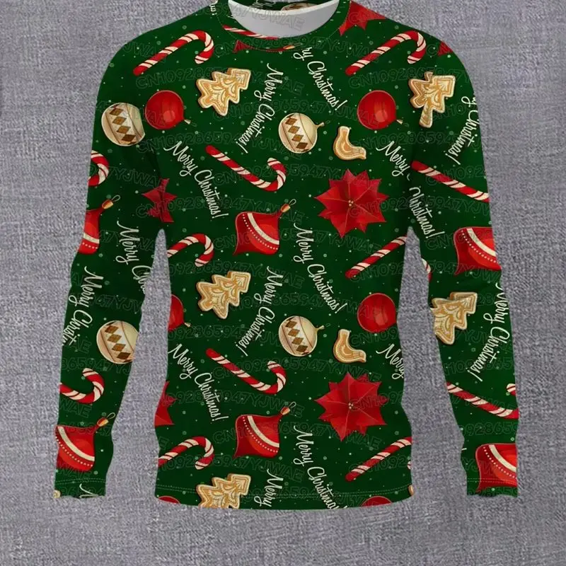 Christmas Gingerbread Candy Cane Print Crew Neck Long Sleeve T-Shirt Casual Holiday Top