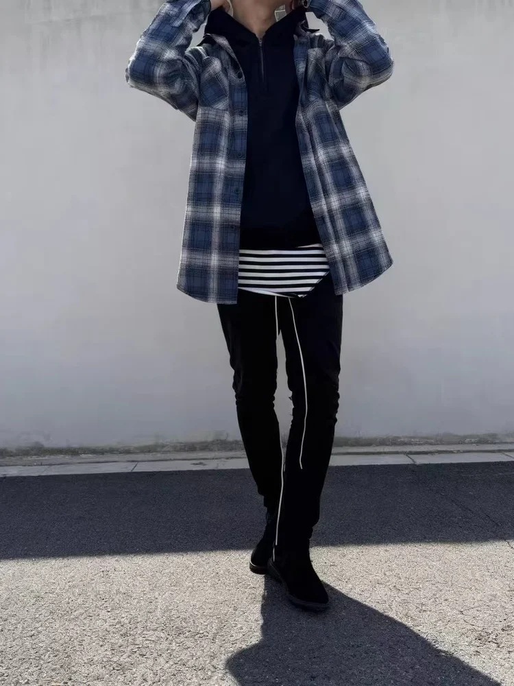 

High Quali Blue Plaid Ba Pull irt 3rd Season Riri Zipper Loose Fit Long Sve Collar Wear Resistant Cotton Menswear