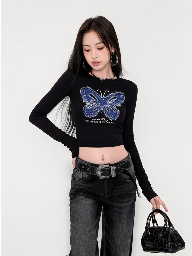 American Style Spicy Girl Long Sleeve Round Neck T-shirt Women's Embroidered Slim Naked Tight High Waist Short Top IPV3