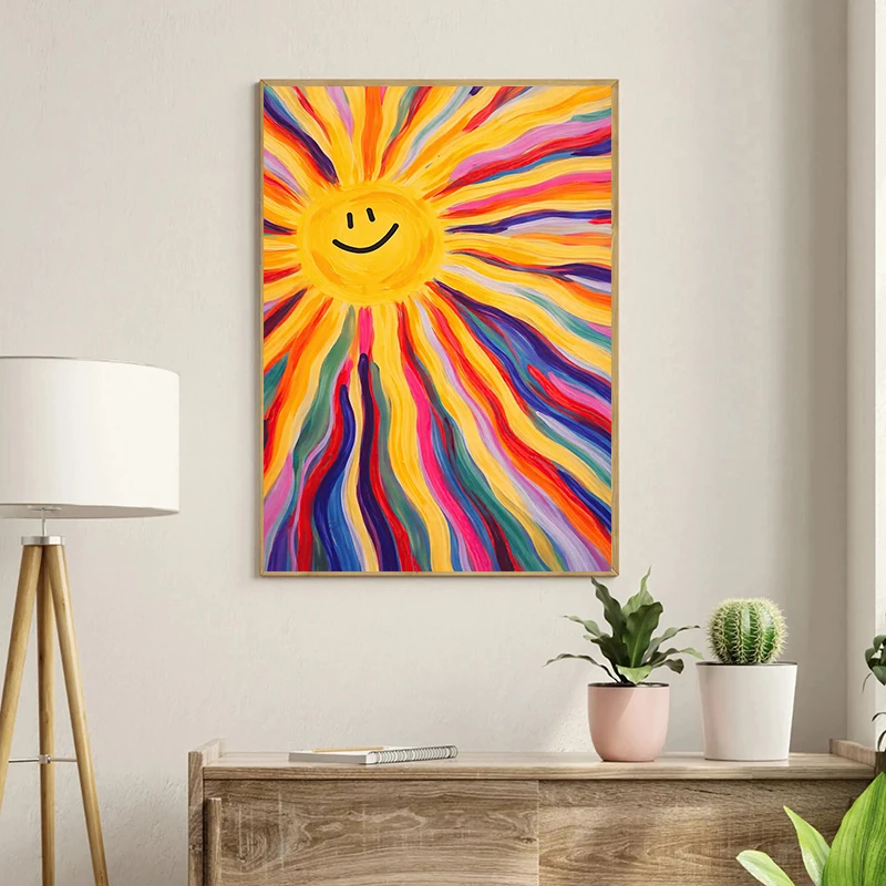 Happy Sun Abstract Illustration Boat River Skier Mountain Canvas Painting Wall Art Poster Print for Living Room Home Decor