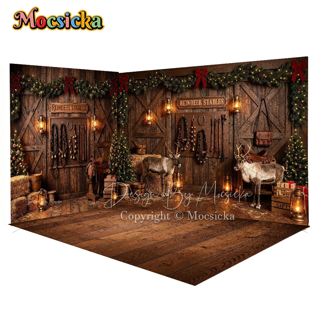 Mocsicka 3D Corner Reindeer Stable Christmas Backdrop Photography Wooden Barn Garland Xmas Lantern Background Kids Holiday Photo
