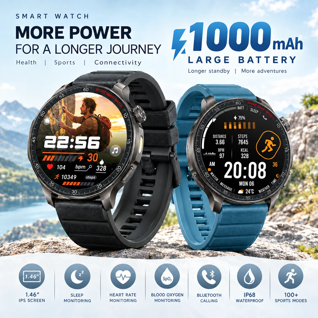 LIGE 2026 New 1000mAh Large Battery Smart Watch Bluetooth Call 100+Sports Mode Health Monitor Waterproof Flashlight Smartwatches