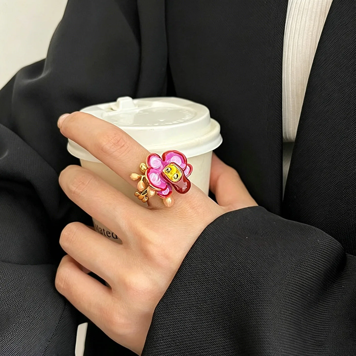 Niche Designer Exquisite Enamel Phalaenopsis Open Adjustable Ring for Women Light Luxury 3D Delicate Finger Ring Daily Party Jew
